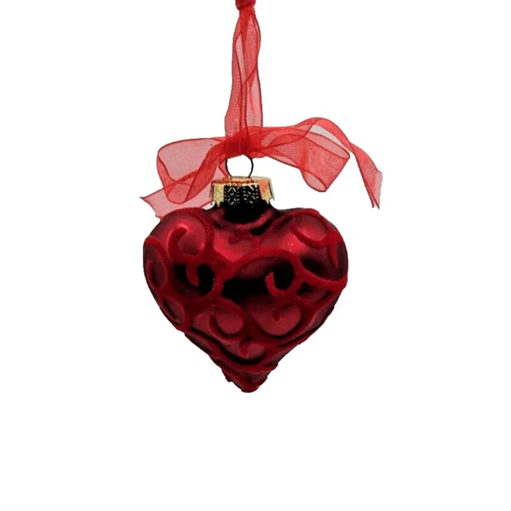 Red Heart Shaped Ornament with Flocked‎ Design